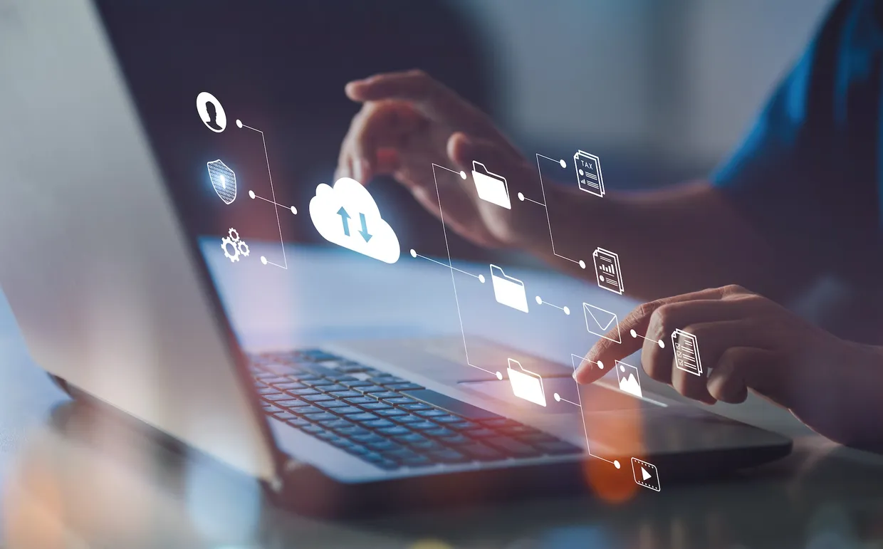 Internet cloud computing technology and online data storage for transferring backup file. Document Management System (DMS) with FTP (File Transfer Protocol) for information technology (IT) concept.